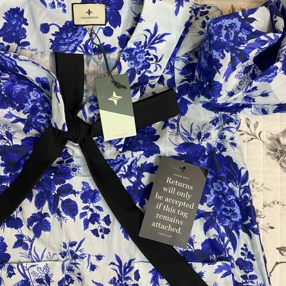 Tuckernuck Blue and White Floral Long-Sleeve Mini Dress with Black Bow - Picture 16 of 16